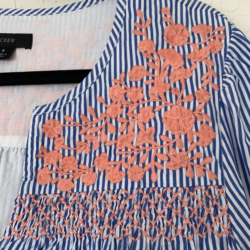 J CREW Leda Dress S Blue Stripe Embroidered Ruffle Hem‎ Boho Cottagecore Peasant - Picture 5 of 15